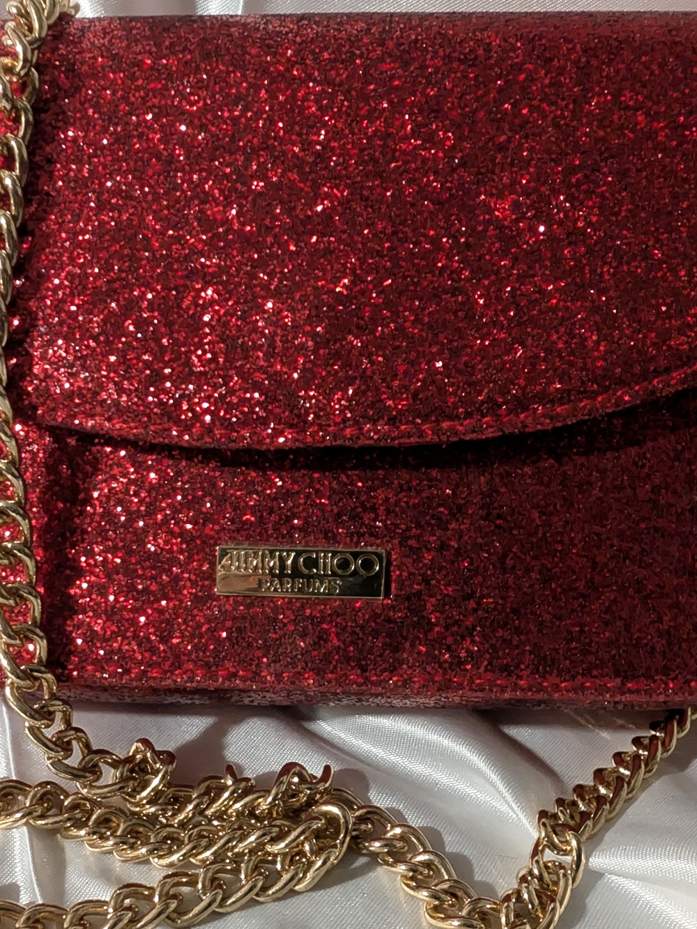 Jimmy Choo Red Glitter Crossbody Perfume Bag with Gold Chain Strap Elegant